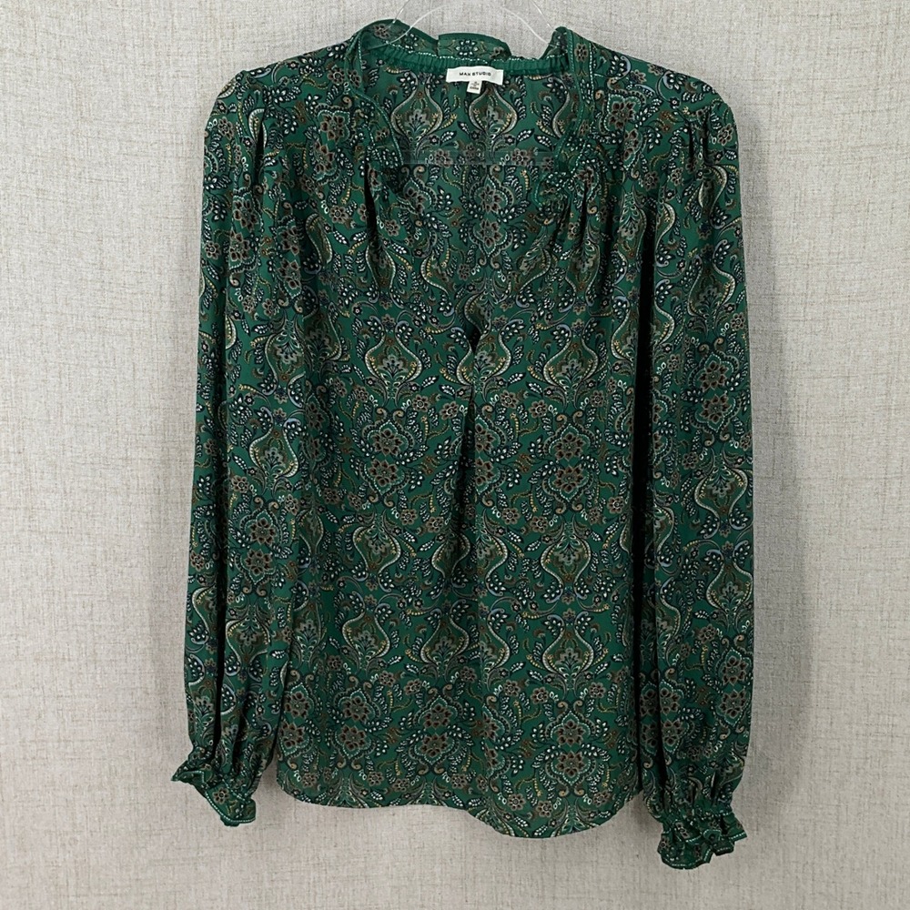 Max Studio Blouse Womens Small Green Paisley Boho Classic Ruffle Split Neck Top